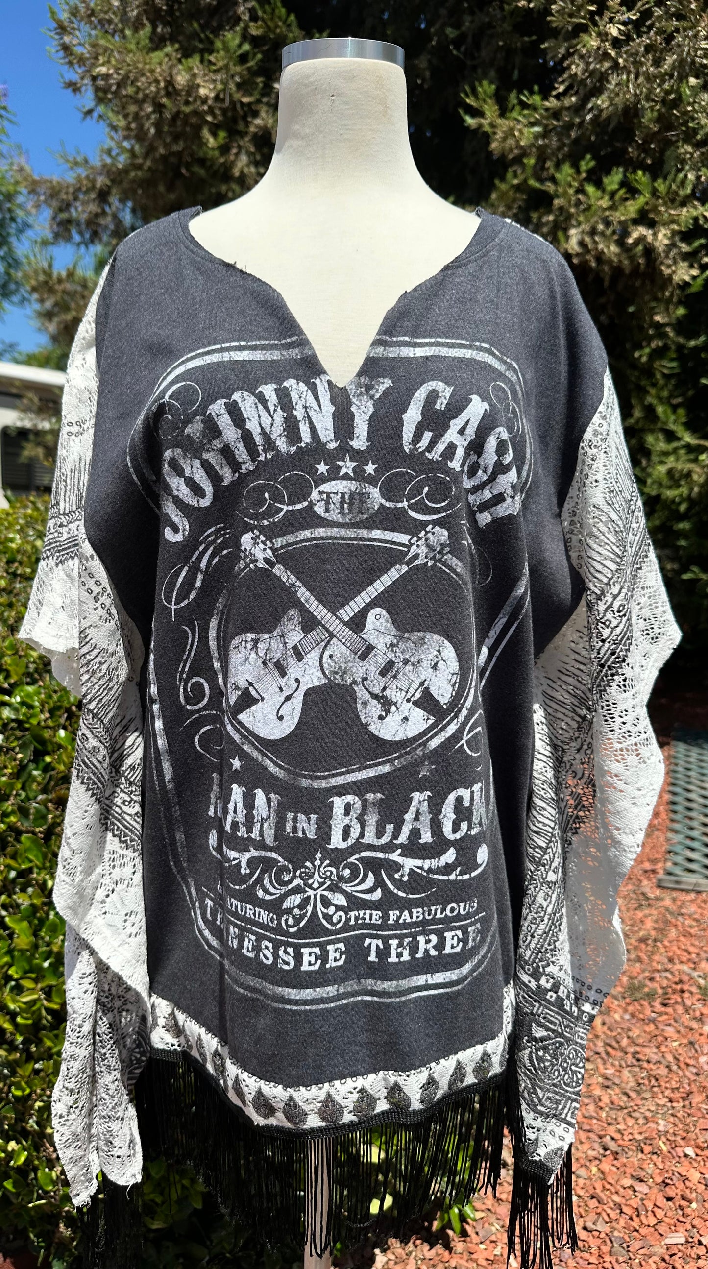 Upcycled fringe poncho ft Johnny Cash