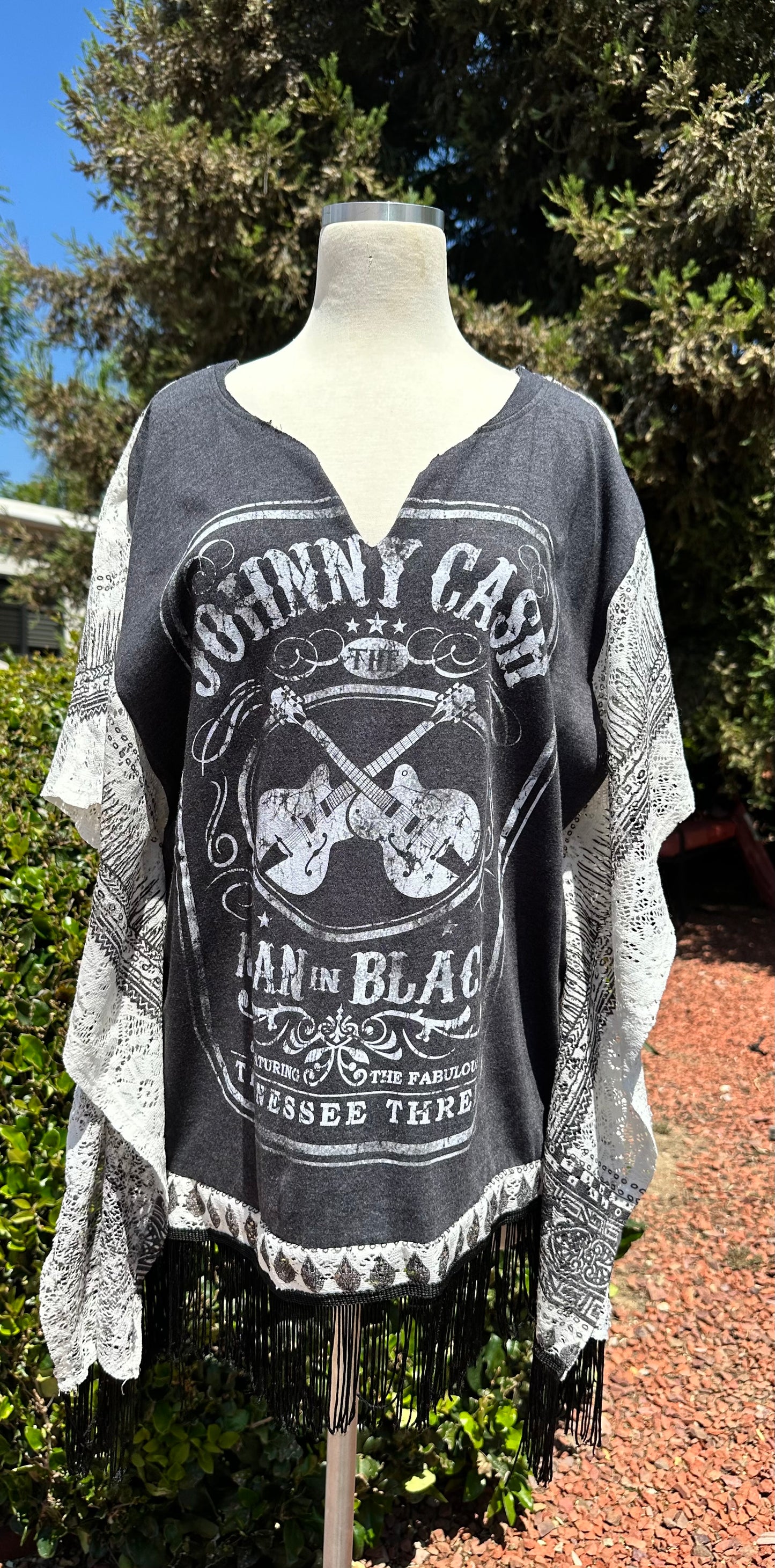 Upcycled fringe poncho ft Johnny Cash