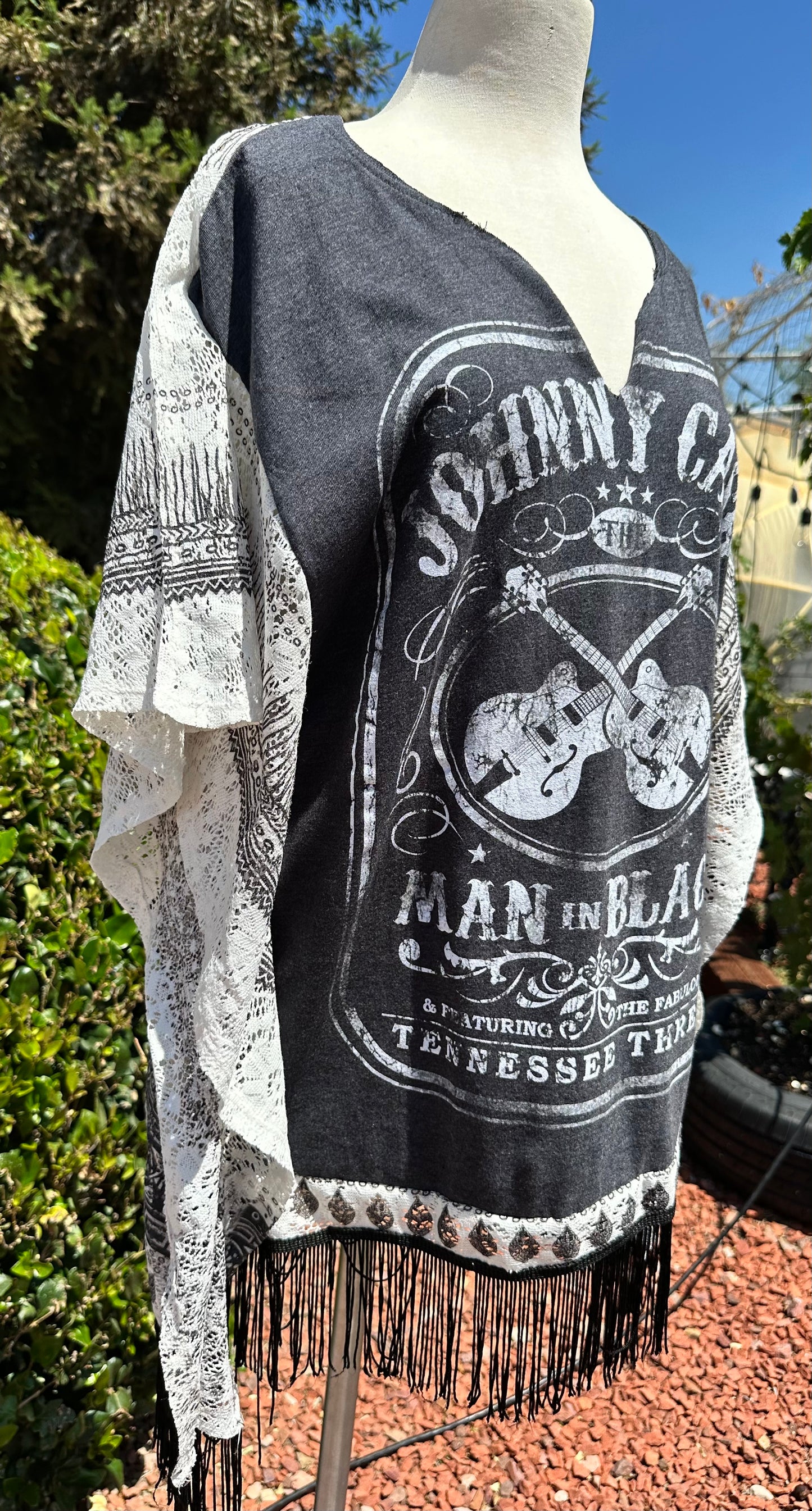 Upcycled fringe poncho ft Johnny Cash