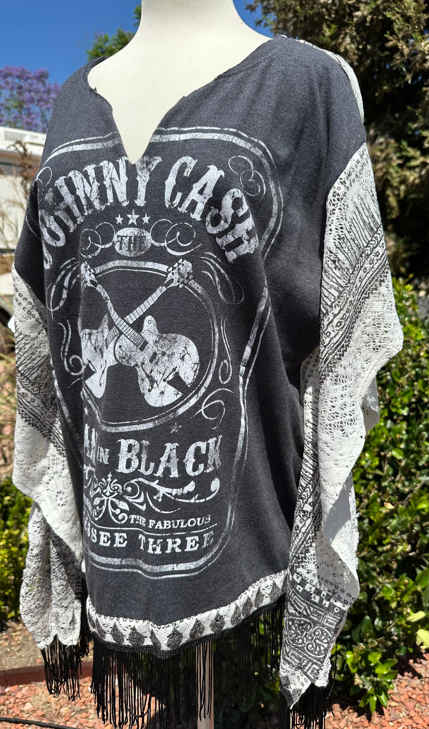 Upcycled fringe poncho ft Johnny Cash