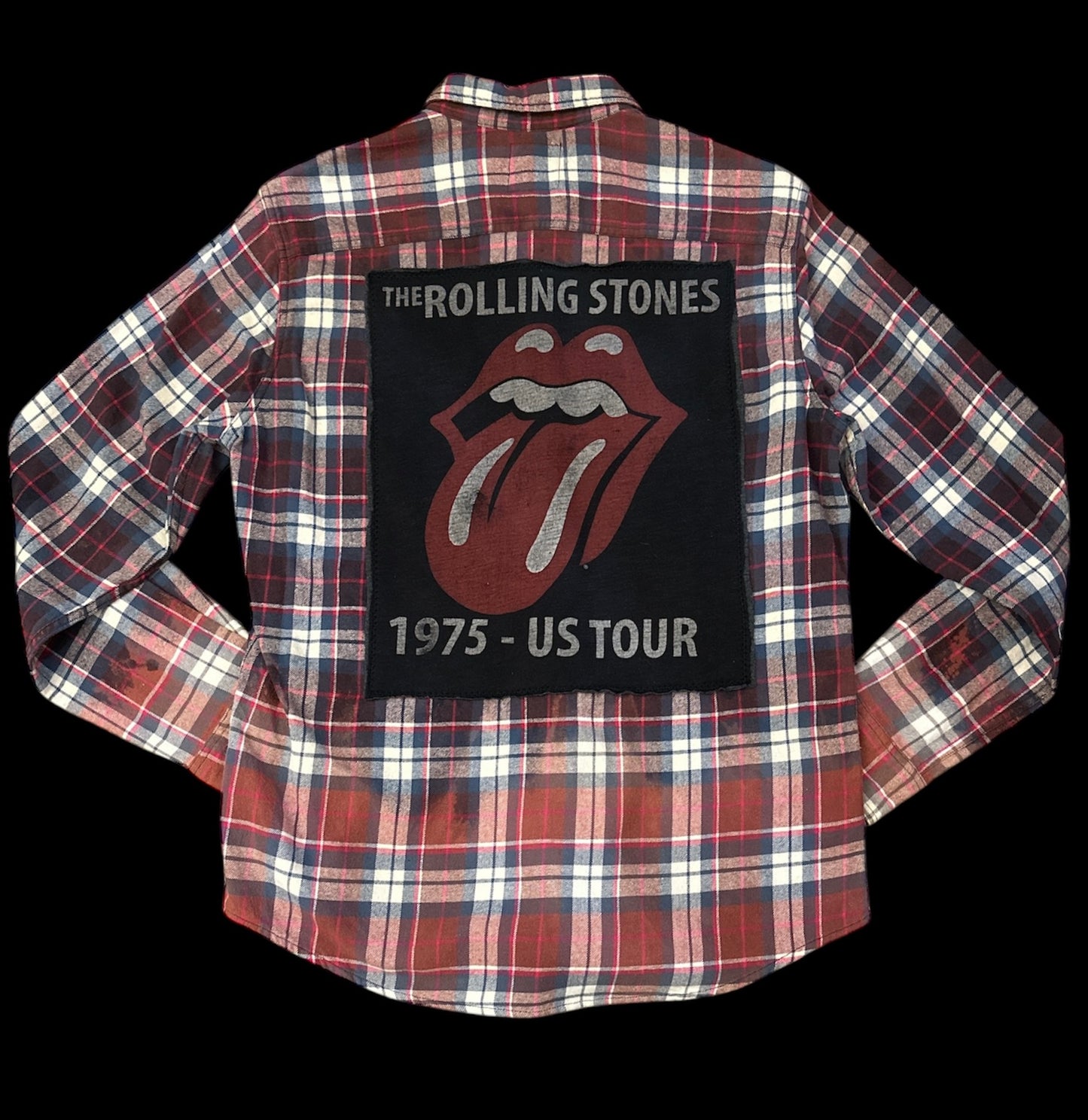 Upcycled Distressed flannel featuring Rolling Stones!