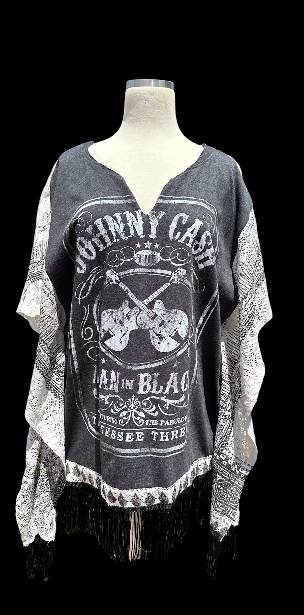 Upcycled fringe poncho ft Johnny Cash